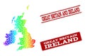 Dotted Spectrum Map of Great Britain and Ireland and Grunge Stamp Seals