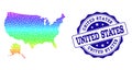 Dotted Spectrum Map of USA and Alaska and Grunge Stamp Seal