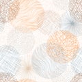 Dotted and striped modern elements in orange and gray colors. Hand drawn seamless pattern. Abstract circle textures with Royalty Free Stock Photo