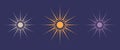 Dotted sun rays, set collection. Vintage sunburst background, logo design, Halftone effect, vector illustration isolated on purple Royalty Free Stock Photo