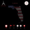 Dotted vector map of Florida painted in the american flag colors. Waving flag effect. Map tools icon set