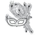 Dotted Venetian carnival mask Colombina with outline peacock feathers in black on white background. Royalty Free Stock Photo