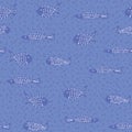 Dotted violet blue fish swimming in textured water. Marine seamless vector pattern. Royalty Free Stock Photo
