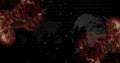 Dotted world map swirling with fiery-red clouds on black grid, with glowing data points and lines Royalty Free Stock Photo