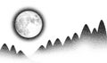 Dotwork Moon night background. Black noise stipple mountain trees dots . Dotted vector