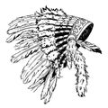 Dotwork style hat with indian feather. Grunge vector art.