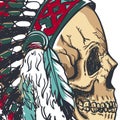 Dotwork style skull with indian feather hat. Grunge vector art.