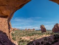 Double Arch is a close-set pair of natural arches in Arches National Park in southern Grand County, Utah, United States, that is o Royalty Free Stock Photo