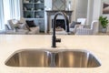 Double basin undermount sink at the kitchen island of home with black faucet