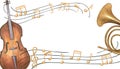Double bass, French horn and musical notes on staff horizontal rectangle frame with empty space for text. Woodwind and string