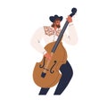 Double bass player performing classic music. Musician artist standing, holding string instrument, playing with fingers