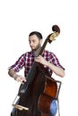 Double bass player playing contrabass Isolated image on white background Royalty Free Stock Photo