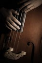 Double bass strings with hands Royalty Free Stock Photo