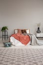 Double bed with bedding, pillows and blanket between bedside table with flower in vase and plant in pot on the small table Royalty Free Stock Photo