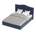 Double bed with blue upholstery and white and gray linen on a white background. 3d rendering Royalty Free Stock Photo