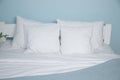 Double bed with lifting mechanism and mattress. The white mattress. Large bright bed Royalty Free Stock Photo