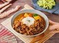 Double Beef and Pig Curry Rice served in dish isolated on table top view of taiwan food Royalty Free Stock Photo