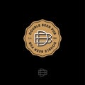 Double beer pub logo. Brewery emblem or sign. B and D combined letters on a gold badge.