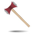 Double-bit Axe. Throwing Axe. Red ax with a wooden handle on a white background