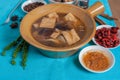 Double boiled pork rids, black mushroom in chinese herb soup