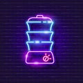 Double boiler neon sign. Vector illustration for design. Fast cooking concept. Glowing icon of household appliances for the