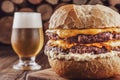 Double burger with cheddar cheese, a glass of beer and firewood pile in background - Close-up Royalty Free Stock Photo