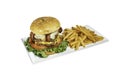 Double burger with french fries on white background