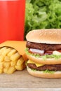 Double burger hamburger and fries menu meal combo fast food Royalty Free Stock Photo