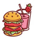 Double burger and strawberry milk shake in glass