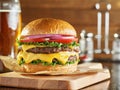 Double cheese burger with beer Royalty Free Stock Photo