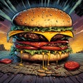 Double cheeseburger in 90'S comics Style Royalty Free Stock Photo