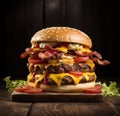 a double cheeseburger with bacon and tomatoes