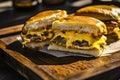 Double cheeseburger cut in half, melted cheese dripping, wooden tray, soft daylight Royalty Free Stock Photo