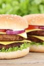 Double cheeseburger hamburger closeup close up beef tomatoes let Royalty Free Stock Photo