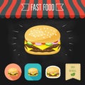 Double cheeseburger icon on a chalkboard. Set of icons and eco label. Flat design. Vector