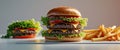 Double cheeseburger stacked high with fresh ingredients and a side of fries Royalty Free Stock Photo