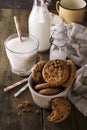 Double chocolate cookies with chips on a bowl and milk in glass