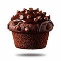 A double chocolate muffin floating in mid air on a solid white background Royalty Free Stock Photo