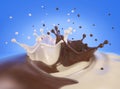 Double crown splash of milk and chocolate blending together, on blue background