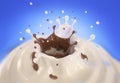 Double crown splash of milk and chocolate, on blue background