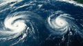 Double Cyclone Over Ocean: Satellite Image of Two Rotating Storms Royalty Free Stock Photo