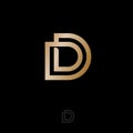 Double D monogram. D and D Logo. Linear gold letters on on a black background.