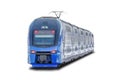 Double-decker commuter city electric train in blue color isolated on white background Royalty Free Stock Photo