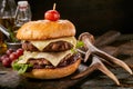 Double decker venison burger with deer antlers