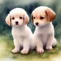 Double Delight - Two Precious Watercolor Puppies. AI Generated