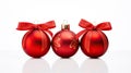 Double Delight Two Red Christmas Decoration Baubles with Ribbon Bow Isolated on White Background. created with Generative AI Royalty Free Stock Photo