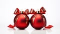 Double Delight Two Red Christmas Decoration Baubles with Ribbon Bow Isolated on White Background. created with Generative AI Royalty Free Stock Photo