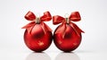 Double Delight Two Red Christmas Decoration Baubles with Ribbon Bow Isolated on White Background. created with Generative AI Royalty Free Stock Photo