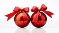 Double Delight Two Red Christmas Decoration Baubles with Ribbon Bow Isolated on White Background. created with Generative AI Royalty Free Stock Photo