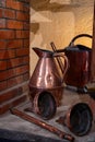 Double distillation process of cognac spirit in Charentias copper still pots and boilers in distillery in Cognac white wine region